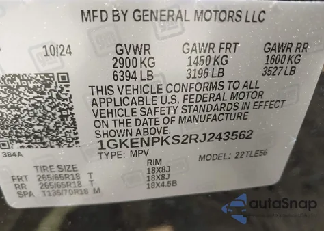 2024 GMC Acadia Awd At4 z USA, uszkodzony, nr VIN 1GKENPKS2RJ243562